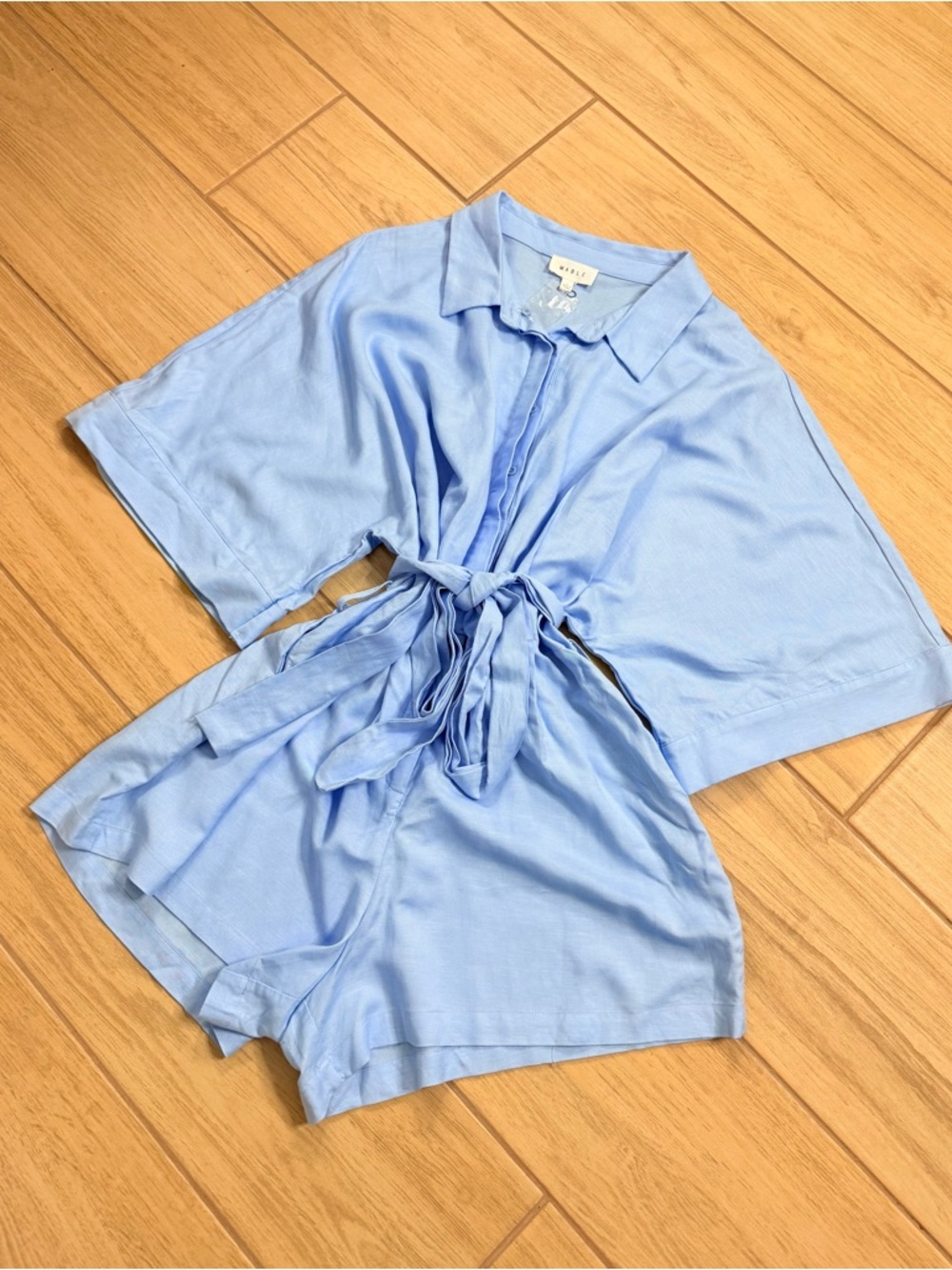 NWOT Mable Amelia Button Down Tie Waist Romper Blue Linen Blend Boho Vacation L